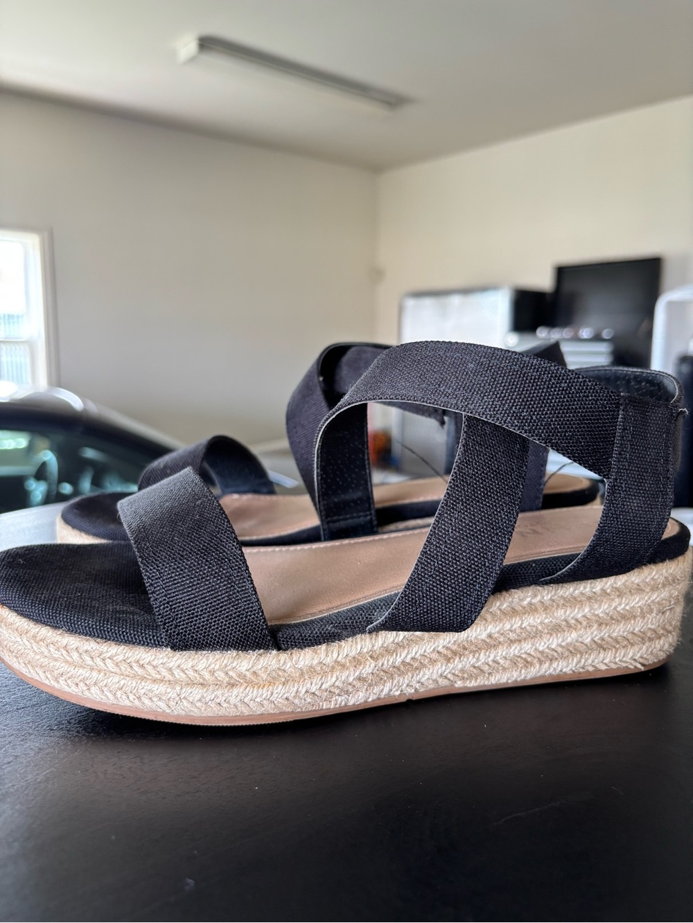 Penningtons Black Elastic Strap Espadrille Platform Sandals